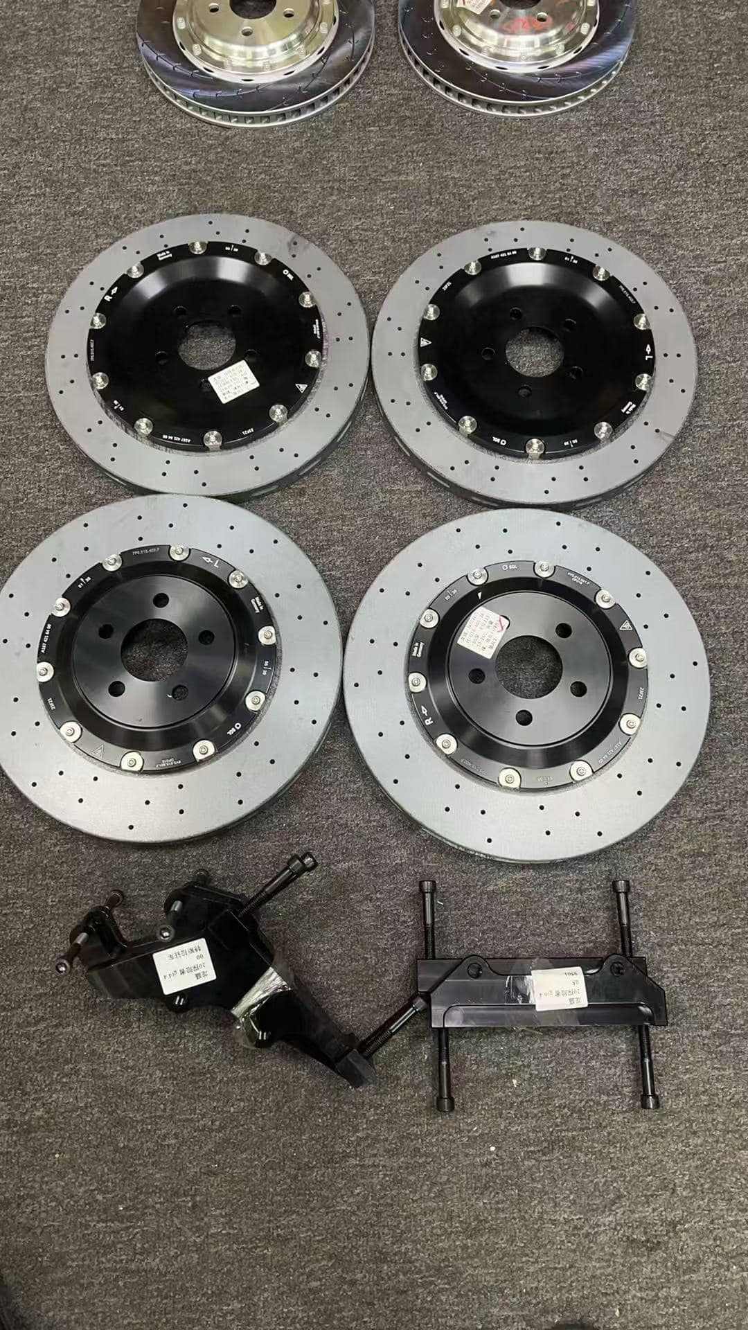 Front and rear drilled carbon ceramic disc rotors with ceramic brake pads for 2021-2025 Ford Mustang Mach-E GT/GTPE