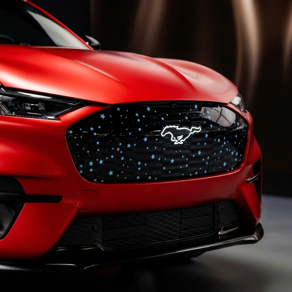 Light up carbon fiber grille for Mustang Mach-E 2021-2025 with neon pony and stars lights