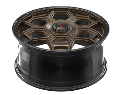 Custom forged aluminum wheel for Mustang Mach-E with intricate bronze and black design