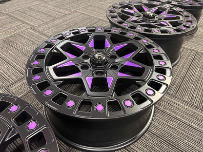 Custom forged aluminum wheels for Mustang Mach-E with black and purple accents, lightweight and durable design.