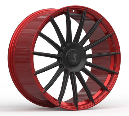 Forged custom aluminum wheel in black and red for Mustang Mach-E with strong lightweight design.