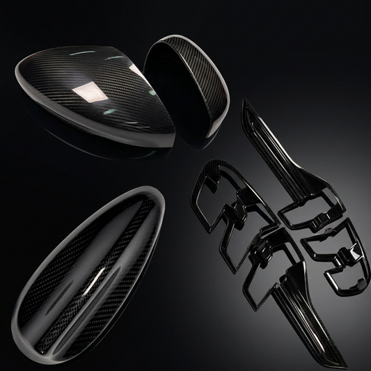 Dry carbon fiber Kit exterior upgrade for Mustang Mach-E 2021-2025 with mirrors, shark antenna, and rear lamp trims
