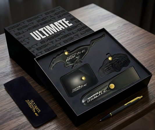 Premium black leather gift set with Parker pen and Mustang Mach-E accessories in magnetic storage box