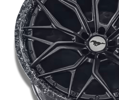 Custom forged Al6061-T6 aluminum Mustang Mach-E wheel with black multi-spoke design and detailed rim finish.