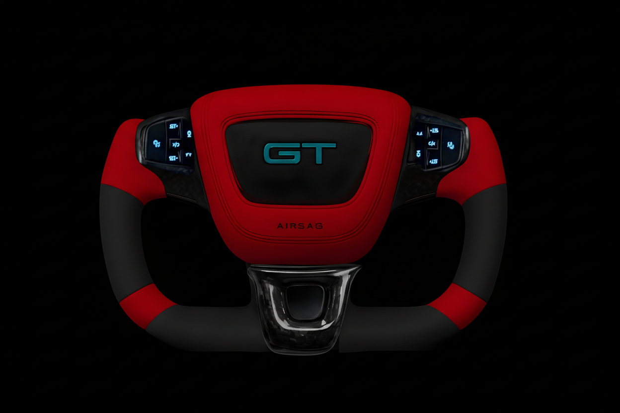 Mustang Mach-E steering wheel with red and black center airbag cover featuring LED GT logo