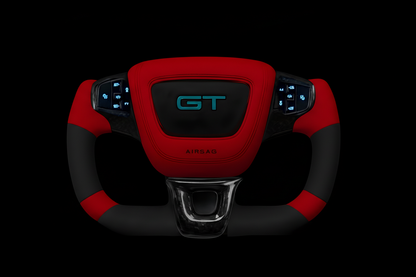Mustang Mach-E steering wheel with red and black center airbag cover featuring LED GT logo