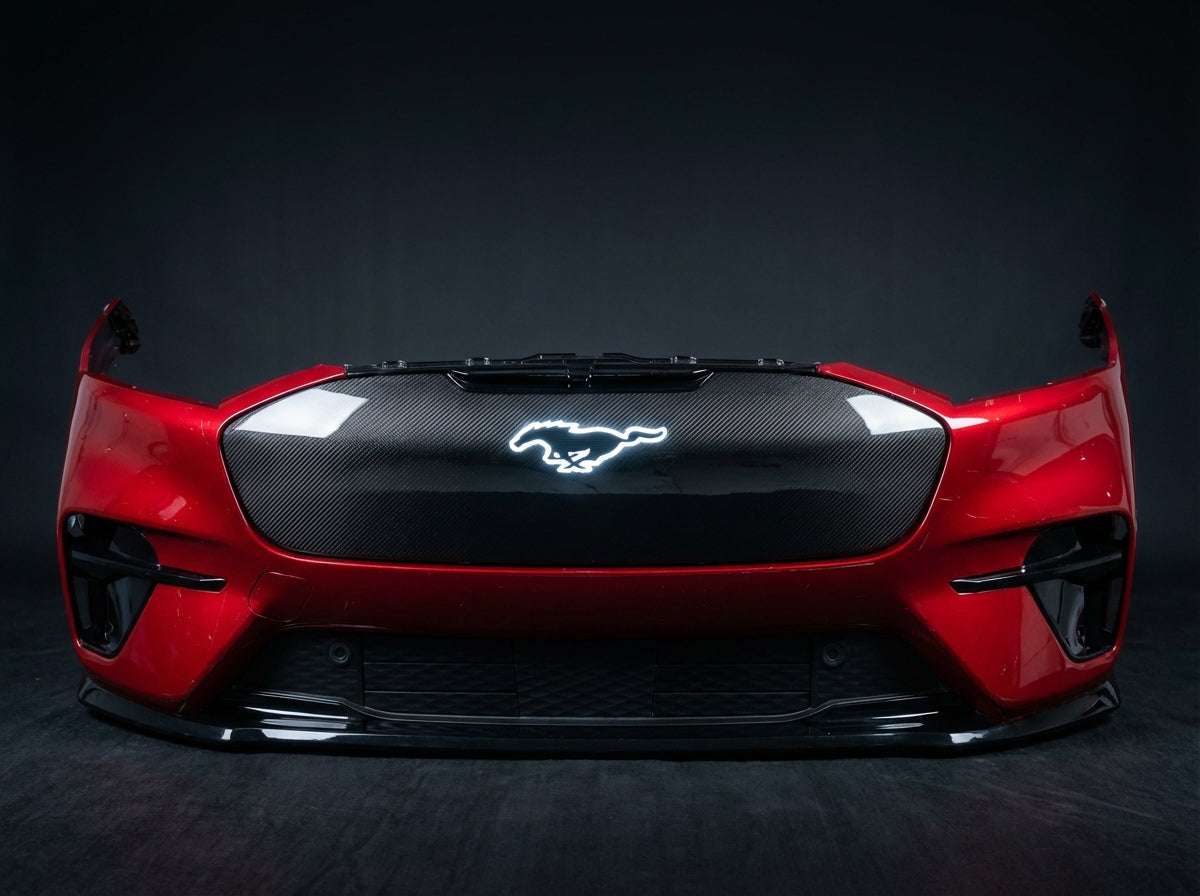 GT bumper front replacement for 2021-2026 Mustang Mach-E with carbon grill and LED pony emblem