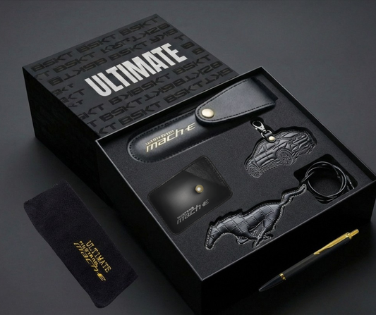 Premium black leather gift set for Mustang Mach-E with keychain, pony emblem, strap, card holder, Parker pen, and magnetic storage box