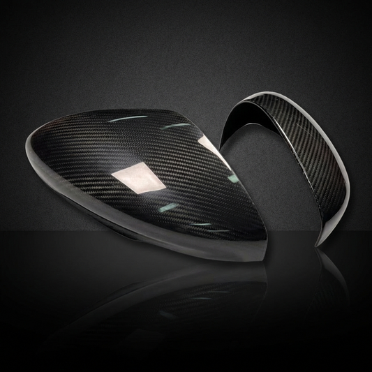 Mirror caps for Mustang Mach-E made of dry carbon fiber in carbon black or forged carbon finish