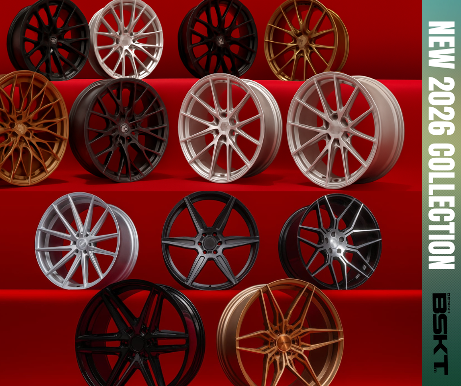 Assorted forged wheels for Mustang Mach-E in black, silver, and bronze finishes, new 2026 collection by BSKT displayed on red background