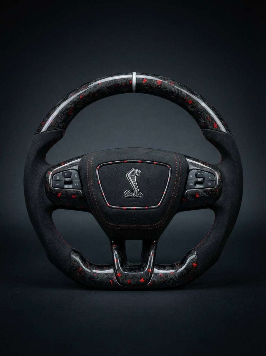 Custom made steering wheel for Mustang Mach-E with premium leather and Alcantara grips, flat-bottom design, and customizable stitching.