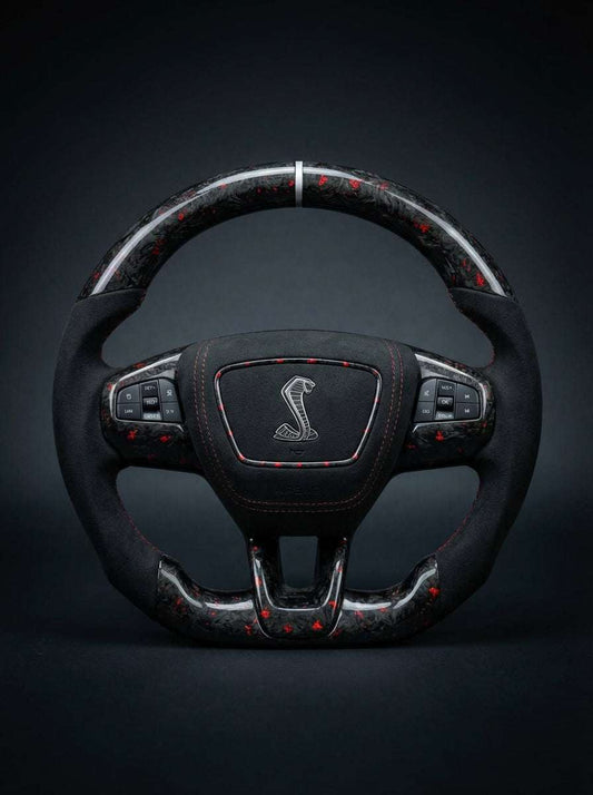 Custom made steering wheel for Mustang Mach-E with premium leather and Alcantara grips, flat-bottom design, and customizable stitching.