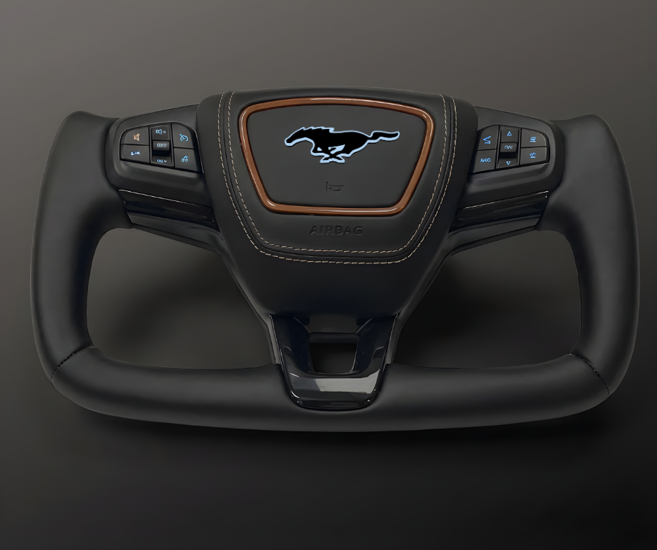Custom Ford OEM Yoke Steering Wheel compatible with all Mustang Mach-E models, featuring original parts, ergonomic grip, heating, and plug-and-play installation