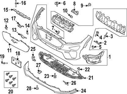 Diagram of parts for Illuminated GT Pony Kit Mustang Mach-E GT front grille assembly