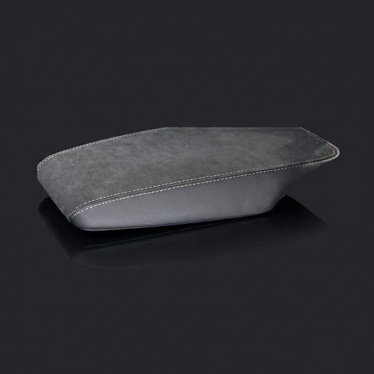 Custom-made armrest with Alcantara and leather, enhanced comfort, personalized stitching, perfect fit, and logo customization.
