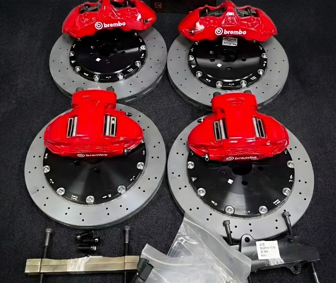 Front and rear drilled carbon ceramic disc rotors with ceramic brake pads for 2021-2025 Ford Mustang Mach-E GT/GTPE