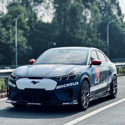 Front Lip Splitter on blue Mustang Mach-E GT enhancing sport appearance and aerodynamics