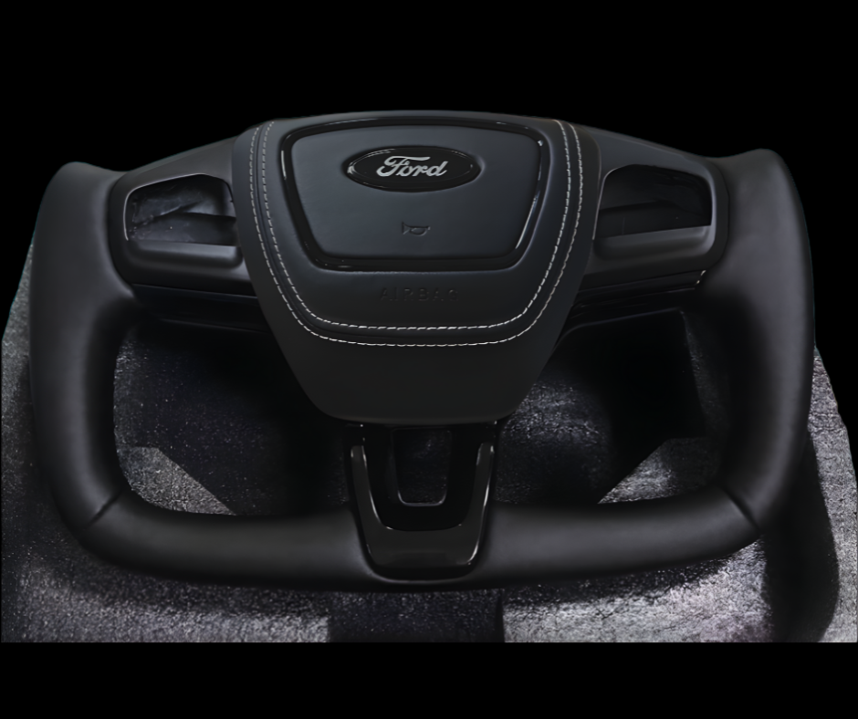 Ford OEM Yoke steering wheel compatible with Mustang Mach-E, customizable, plug-and-play, genuine Ford parts, ergonomic design