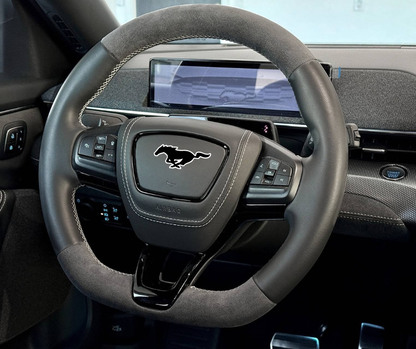 Custom made steering wheel for Mustang Mach-E with leather and Alcantara grip, customizable features, and heating function