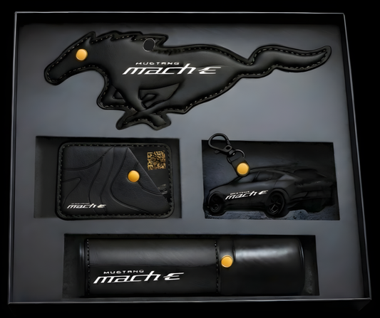 Premium black leather gift set for Mustang Mach-E with keychain, pony emblem, strap, card holder, Parker pen, and magnetic storage box