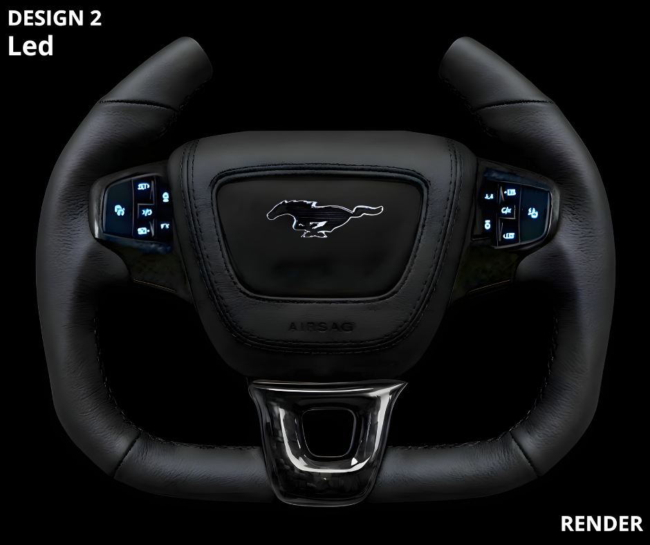 Ford OEM Yoke steering wheel with LED controls, black leather, Mustang emblem, Mach-E compatible design