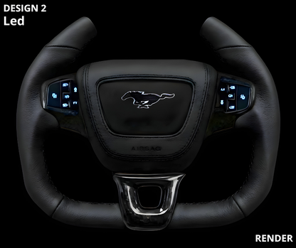 Ford OEM Yoke steering wheel with LED controls, black leather, Mustang emblem, Mach-E compatible design